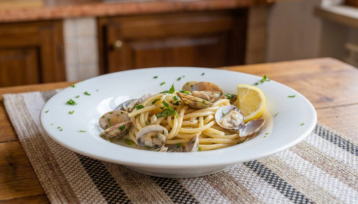 A plated serving of linguine with clam sauce topped with chopped parsley and a lemon wedge on the side