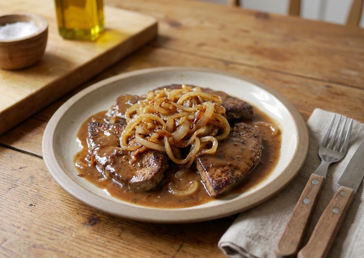 A plated serving of liver and onions with brown gravy and sweet onions on a dinner table with a simple place setting