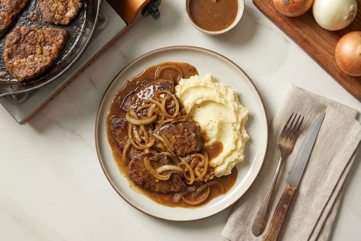 A plated serving of liver and onions with glossy brown gravy, mashed potatoes, and a simple table setting under warm kitchen lighting
