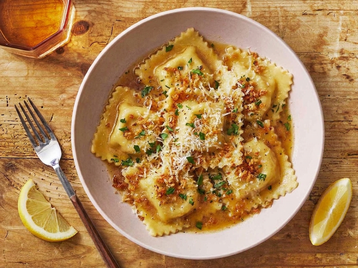 A plated serving of lobster ravioli topped with toasted breadcrumbs and chopped herbs, with a fork and a lemon wedge on the side