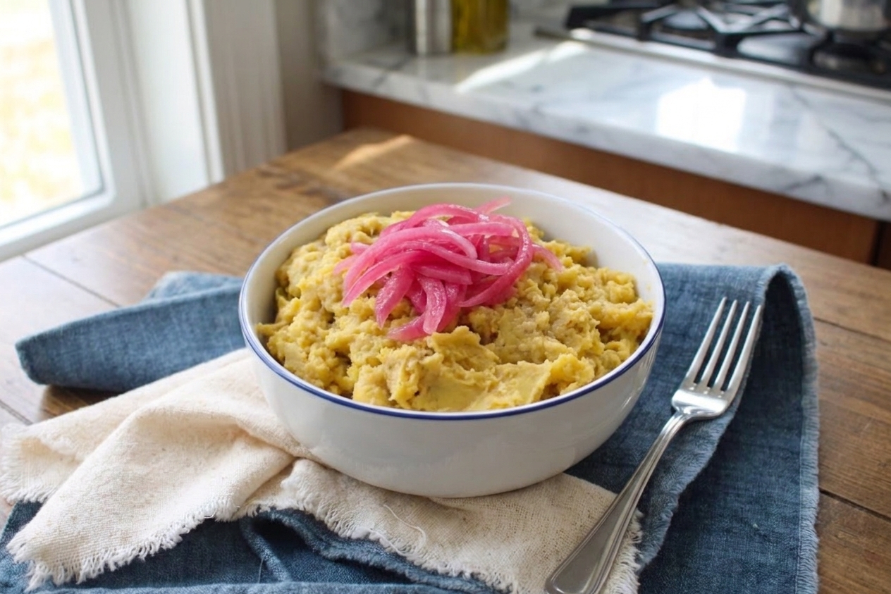 A plated serving of mangú topped with tangy red onions on a dinner table with a fork and simple napkin