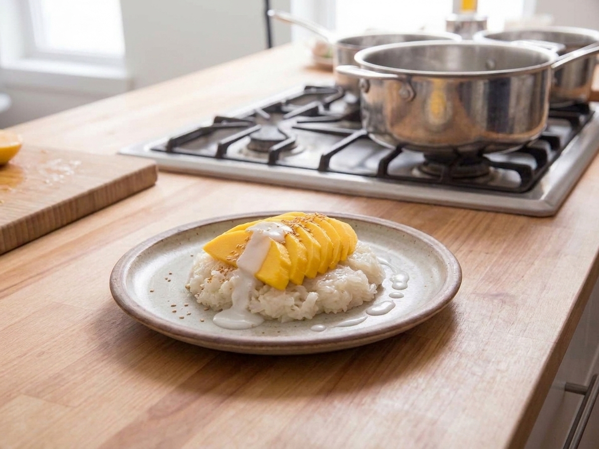 A plated serving of mango sticky rice with sliced ripe mango, a drizzle of coconut sauce, and toasted sesame seeds on a light stoneware plate on a bright kitchen table