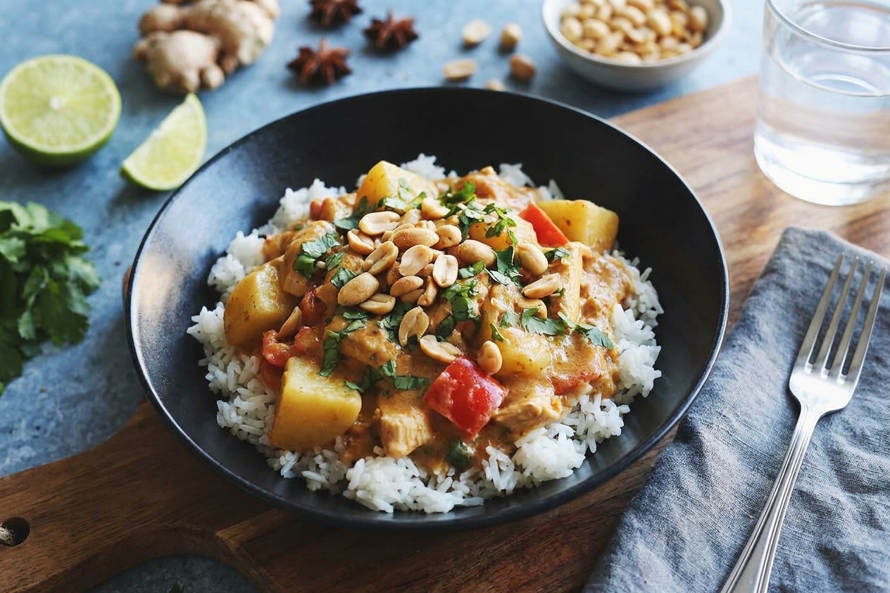 A plated serving of massaman curry over jasmine rice in a shallow bowl, topped with peanuts and cilantro on a set dinner table
