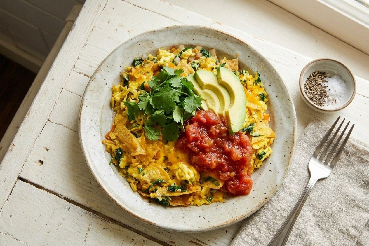 A plated serving of migas topped with cilantro, avocado slices, and a spoonful of salsa on a simple breakfast table setting