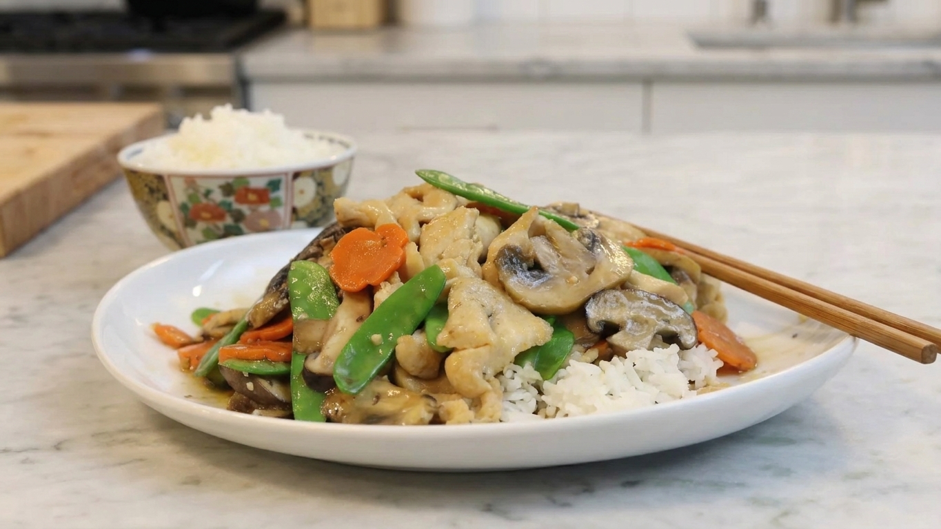 A plated serving of moo goo gai pan over steamed rice on a dinner table with chopsticks and a simple bowl of extra rice in the background