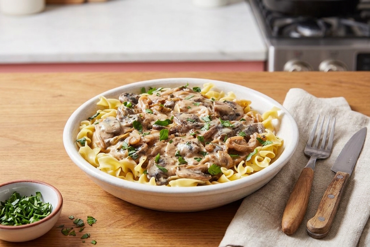 A plated serving of mushroom stroganoff over egg noodles with chopped parsley on top, set on a simple dinner table