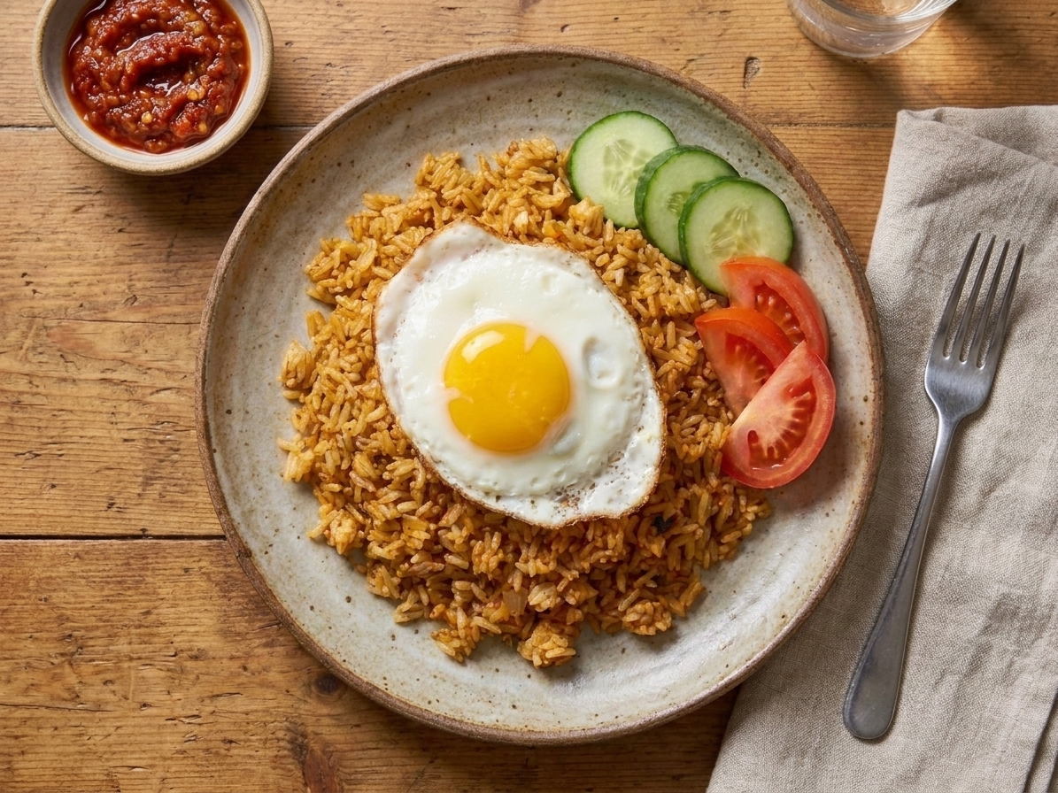 A plated serving of nasi goreng on a white plate topped with a sunny-side-up egg, sliced cucumber and tomato on the side, warm kitchen table setting