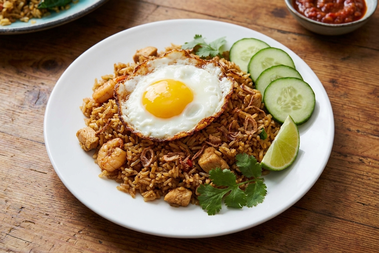 A plated serving of nasi goreng on a white plate topped with a crispy-edged sunny-side-up egg, cucumber slices, and a wedge of lime on a warm-toned kitchen table