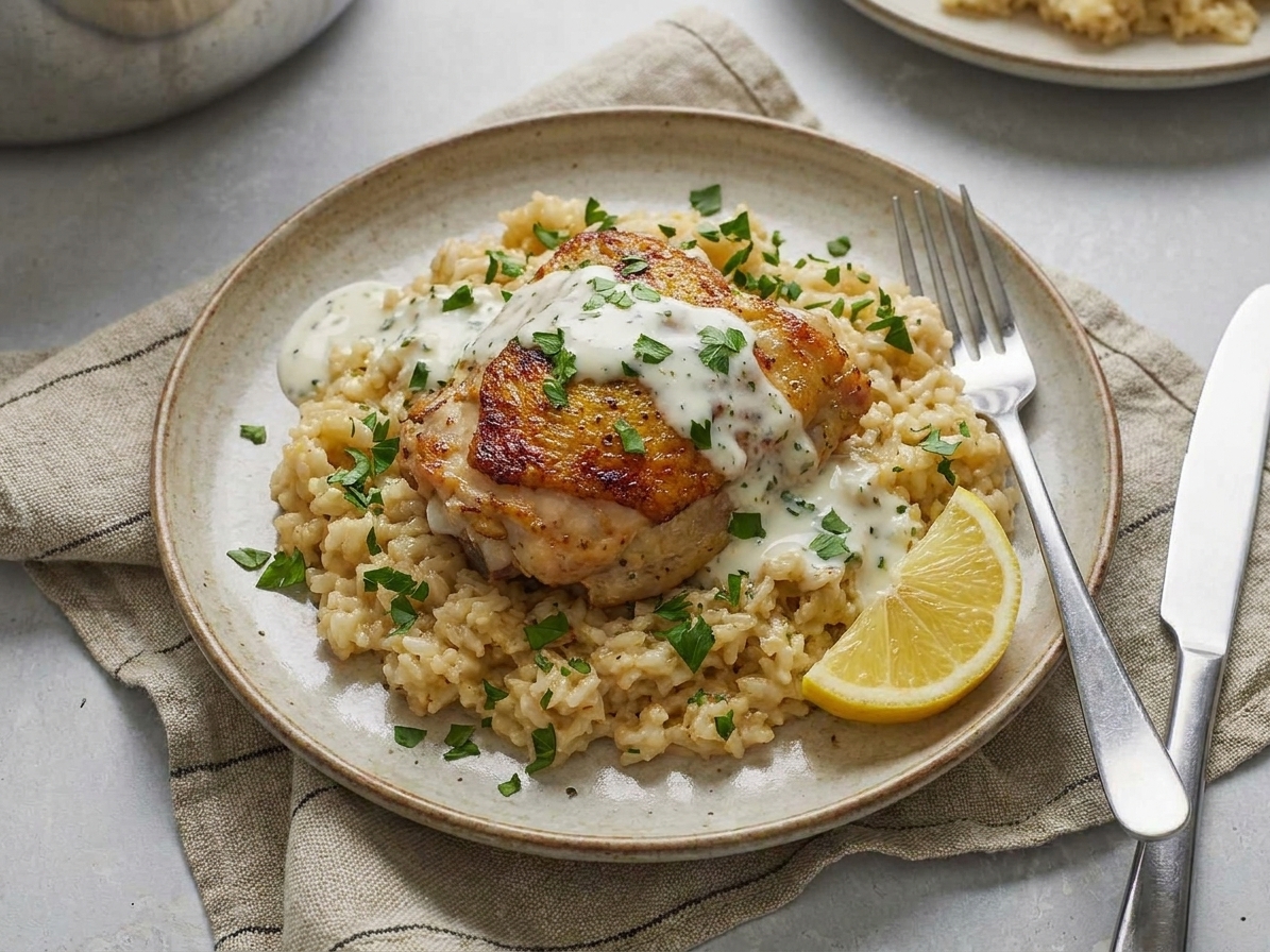 A plated serving of one-pot chicken and rice topped with parsley and a drizzle of lemon-herb sauce, with a lemon wedge on the side at a simple dinner table setting