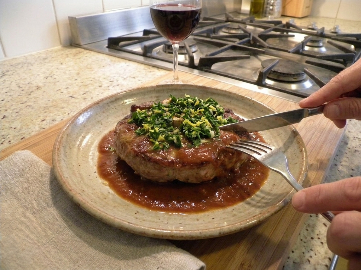 A plated serving of osso buco with a veal shank in rich tomato-wine sauce, topped with fresh gremolata, on a rustic dinner plate with a simple table setting