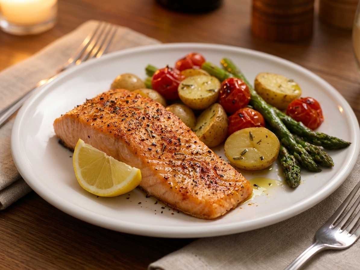 A plated serving of oven-baked salmon with a lemon wedge, herbs, and a simple side of roasted vegetables on a dinner table with warm lighting
