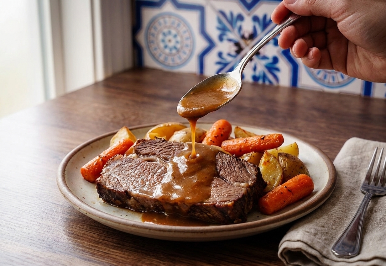 A plated serving of oven pot roast with carrots and potatoes, glossy brown gravy spooned over the meat, on a rustic dinner table with soft window light