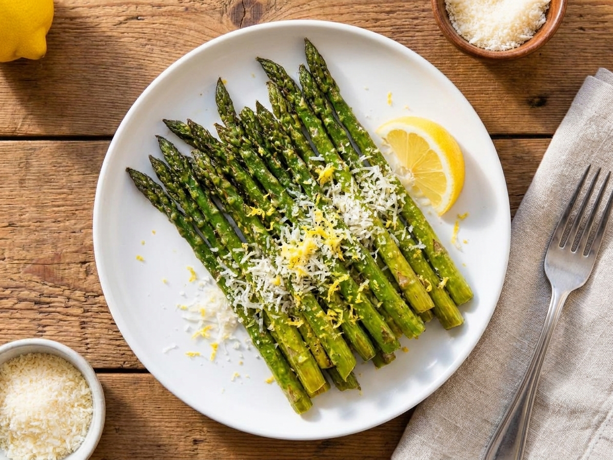 A plated serving of oven roasted asparagus topped with grated Parmesan and lemon zest, with a lemon wedge on the side on a simple dinner table setting