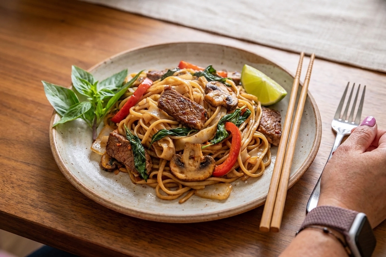 A plated serving of pad kee mao with a lime wedge and basil on a simple dinner table with chopsticks and a fork