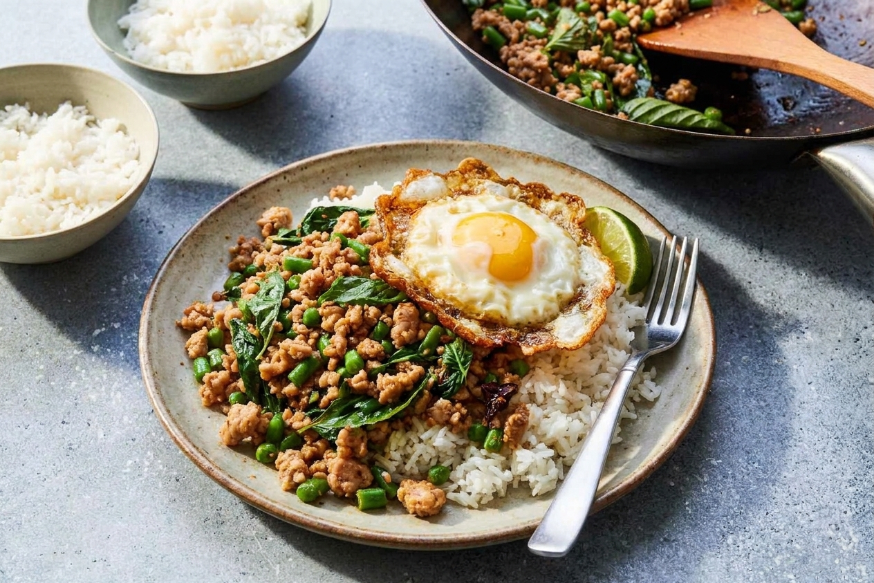 A plated serving of pad kra pao over jasmine rice with a fried egg on top, set on a simple dinner table with a fork and lime wedge