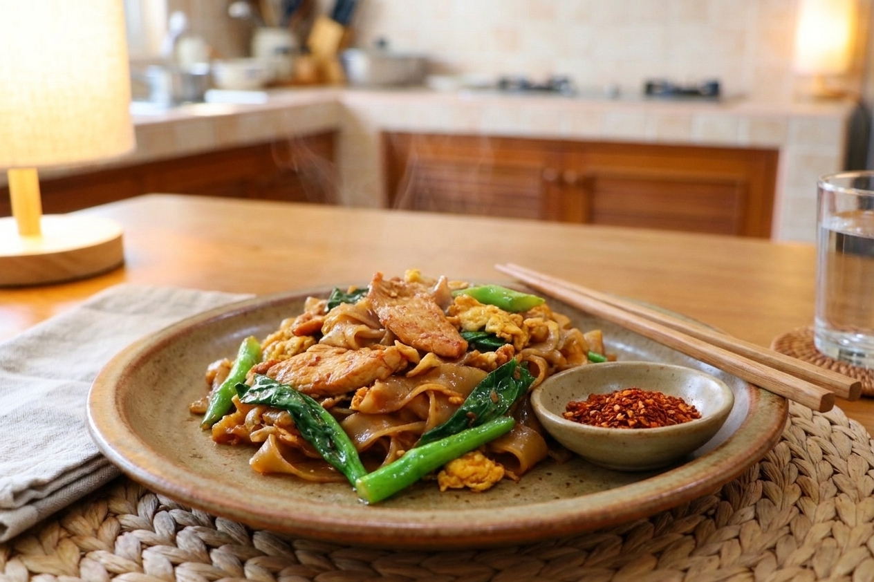 A plated serving of pad see ew on a ceramic plate with chopsticks and chili flakes on a cozy dinner table setting with warm lighting