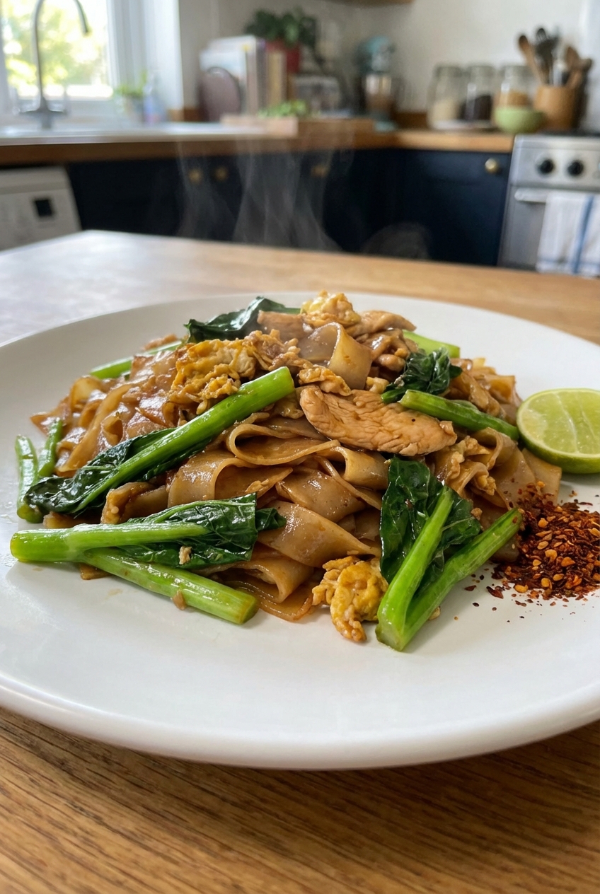 A plated serving of pad see ew with glossy noodles and tender Chinese broccoli on a white plate