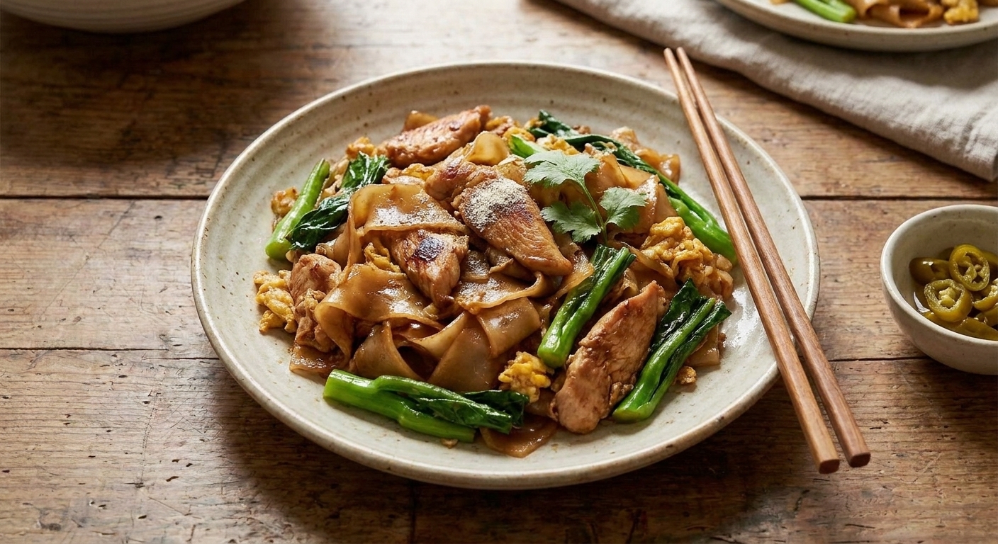 A plated serving of pad see ew with wide rice noodles, chicken, and Chinese broccoli
