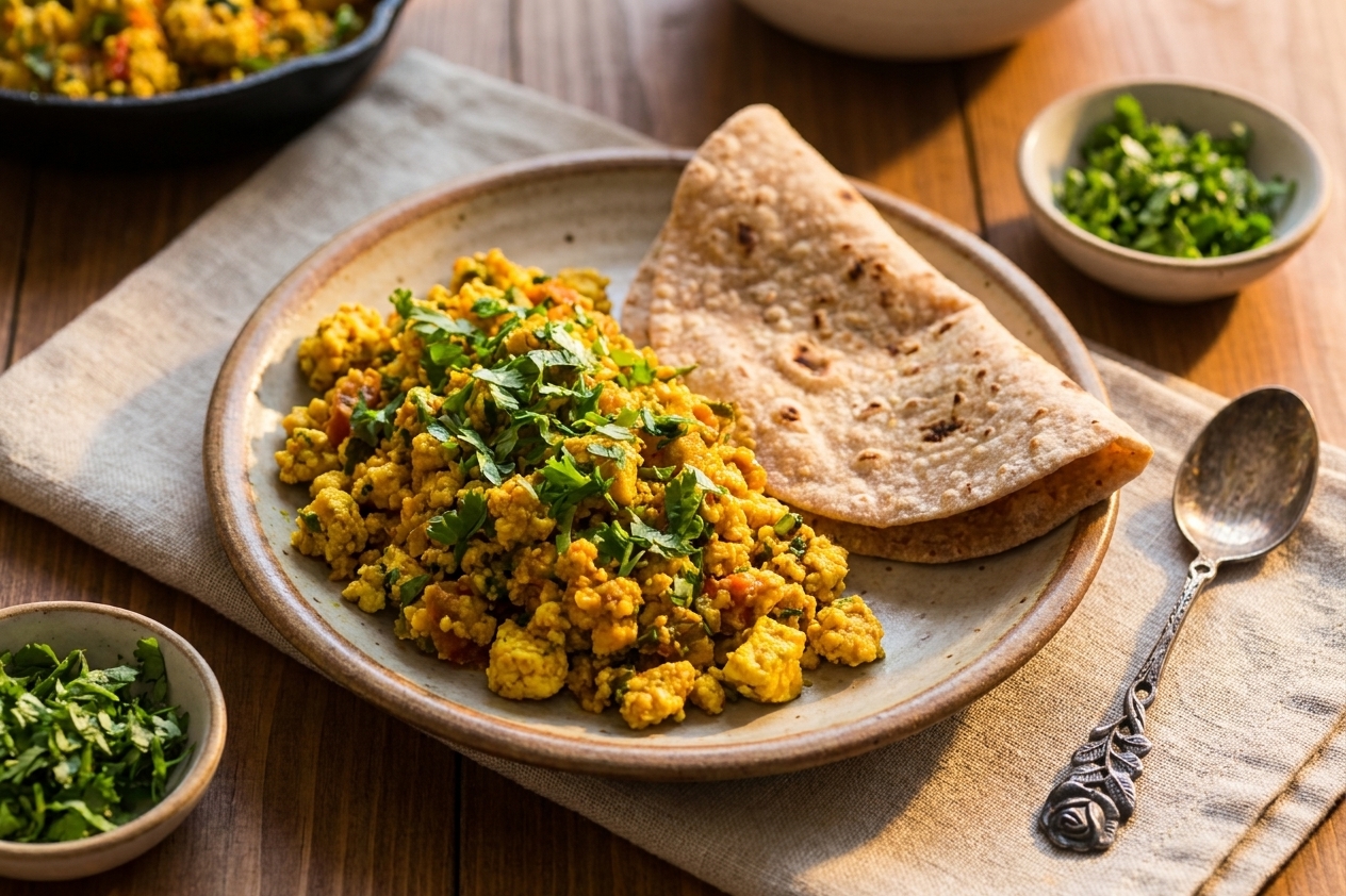 A plated serving of paneer bhurji with chopped cilantro on top, served with folded roti on a simple dinner table with warm lighting