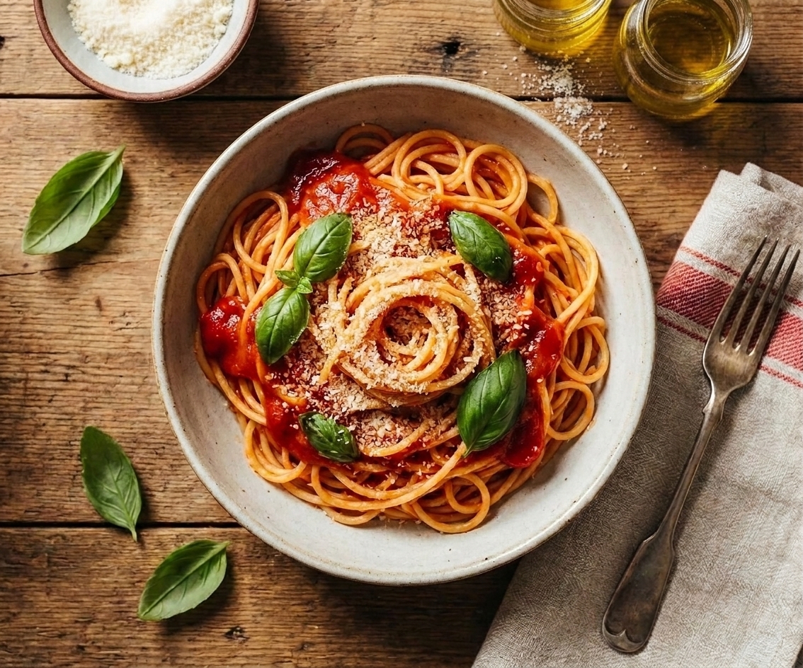 A plated serving of pasta coated in pomodoro sauce with fresh basil leaves and grated Parmesan on top on a simple dinner table