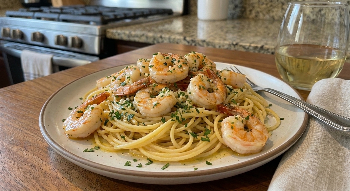 A plated serving of pasta topped with shrimp and glossy garlic lemon butter sauce, garnished with parsley on a dining table