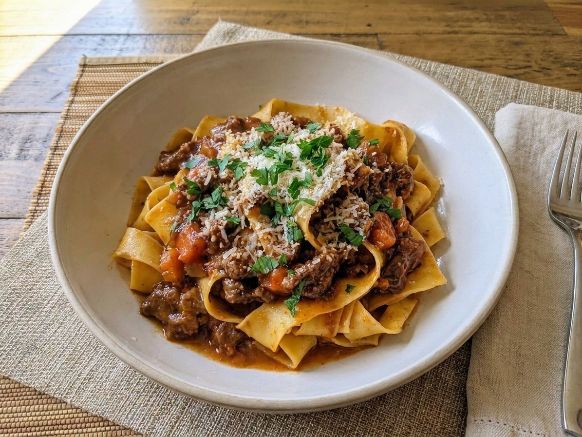 A plated serving of pasta topped with thick beef ragu and a shower of grated Parmesan on a warm-toned dinner table