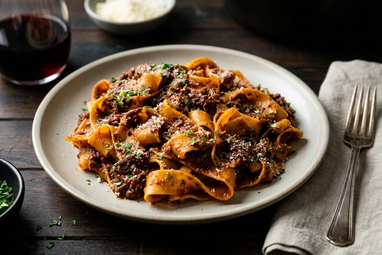 A plated serving of pasta with short rib ragu topped with grated Parmesan and herbs on a simple ceramic plate at a dinner table