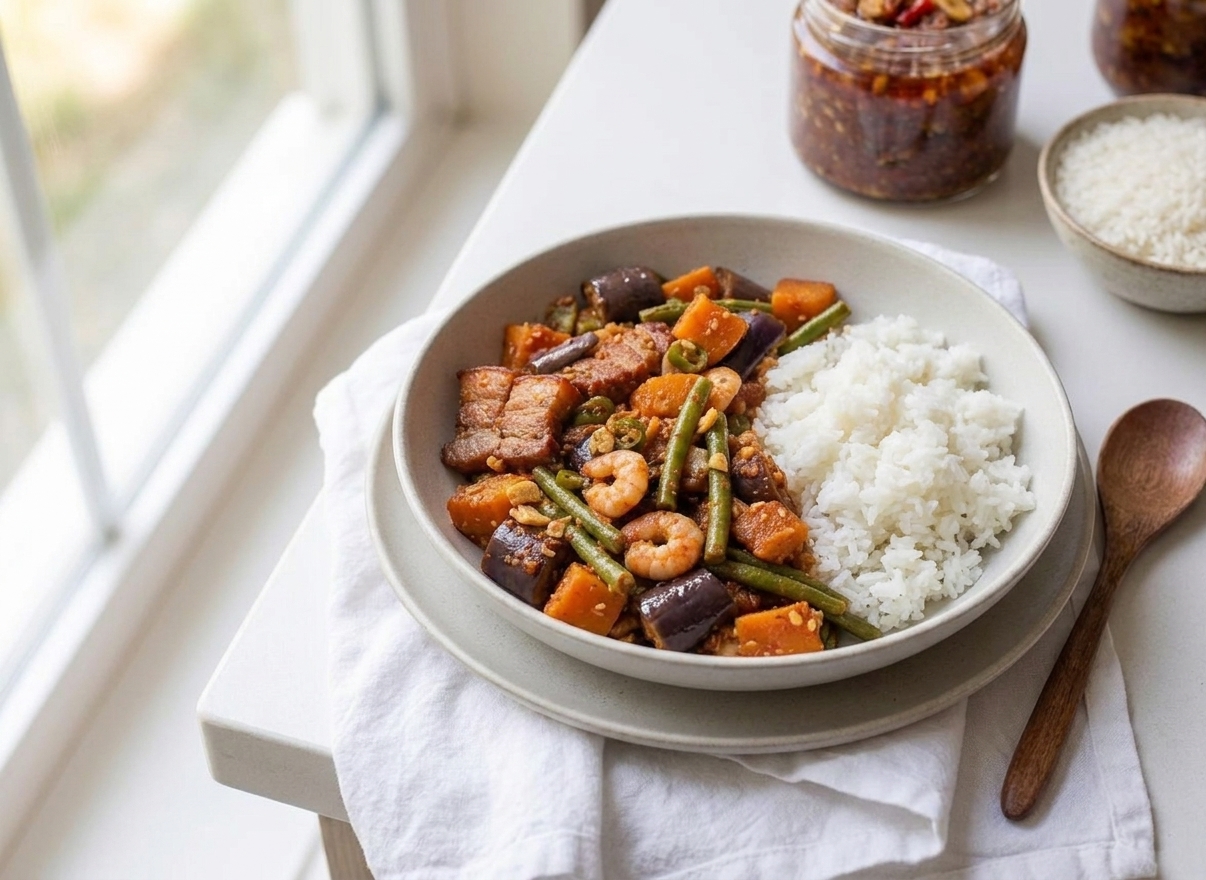 A plated serving of pinakbet beside a mound of steamed white rice on a simple ceramic plate on a neatly lit kitchen table