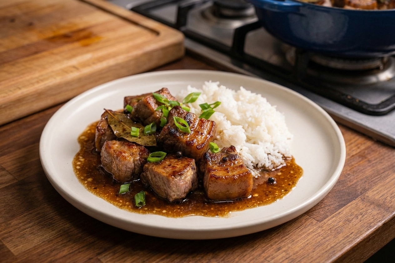 A plated serving of pork adobo on steamed rice with glossy sauce pooled around the edges on a simple ceramic plate
