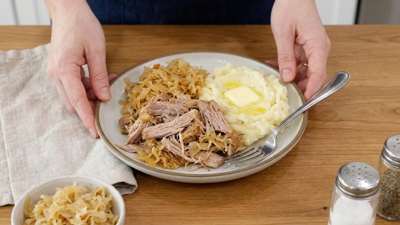 A plated serving of pork and sauerkraut with mashed potatoes on a simple dinner table