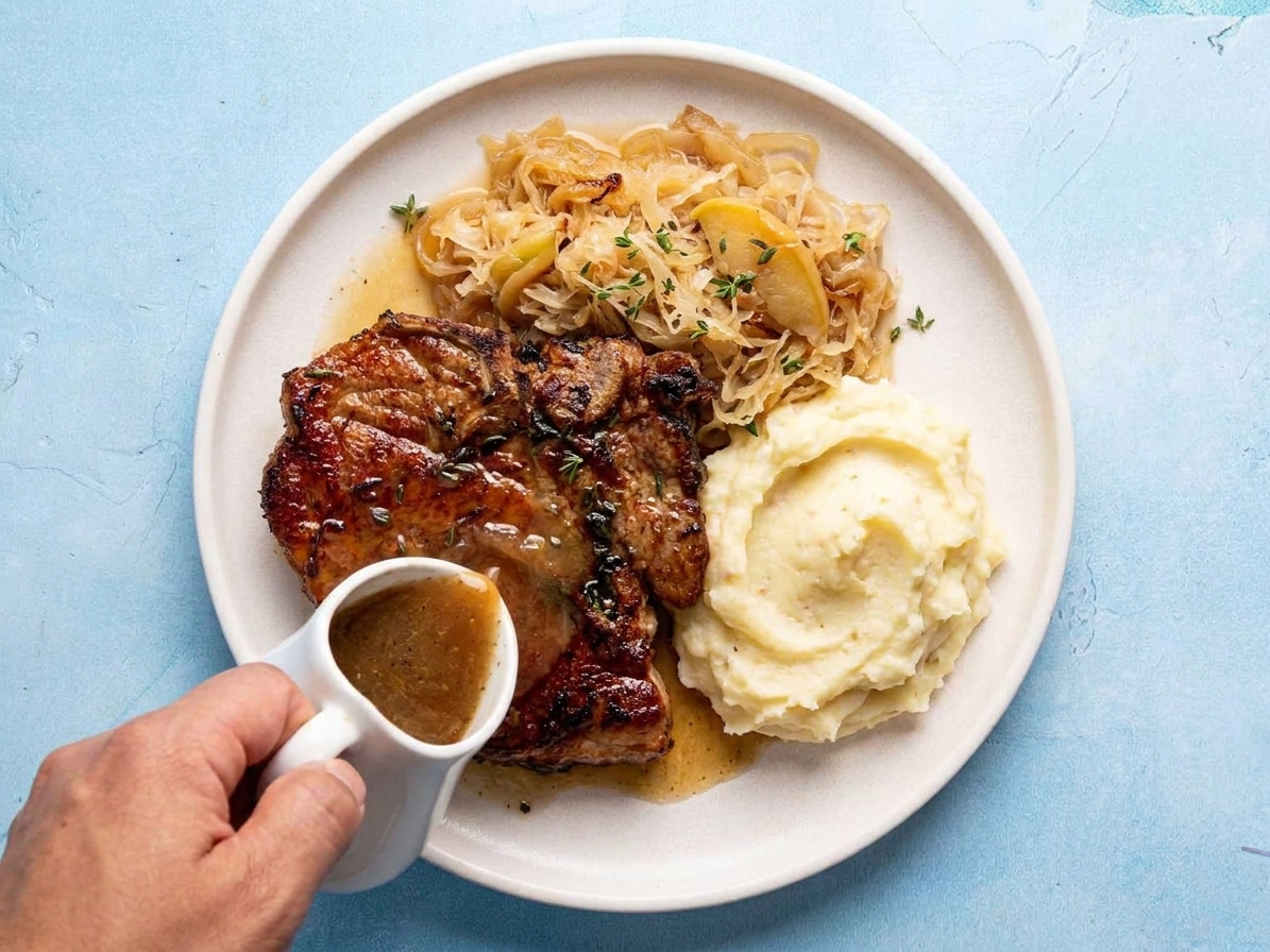 A plated serving of pork and sauerkraut with softened apples and onions, served with mashed potatoes at the table