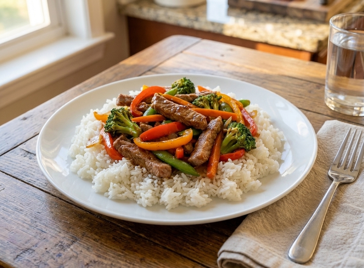 A plated serving of pork stir fry with colorful vegetables over steamed white rice on a simple dinner table
