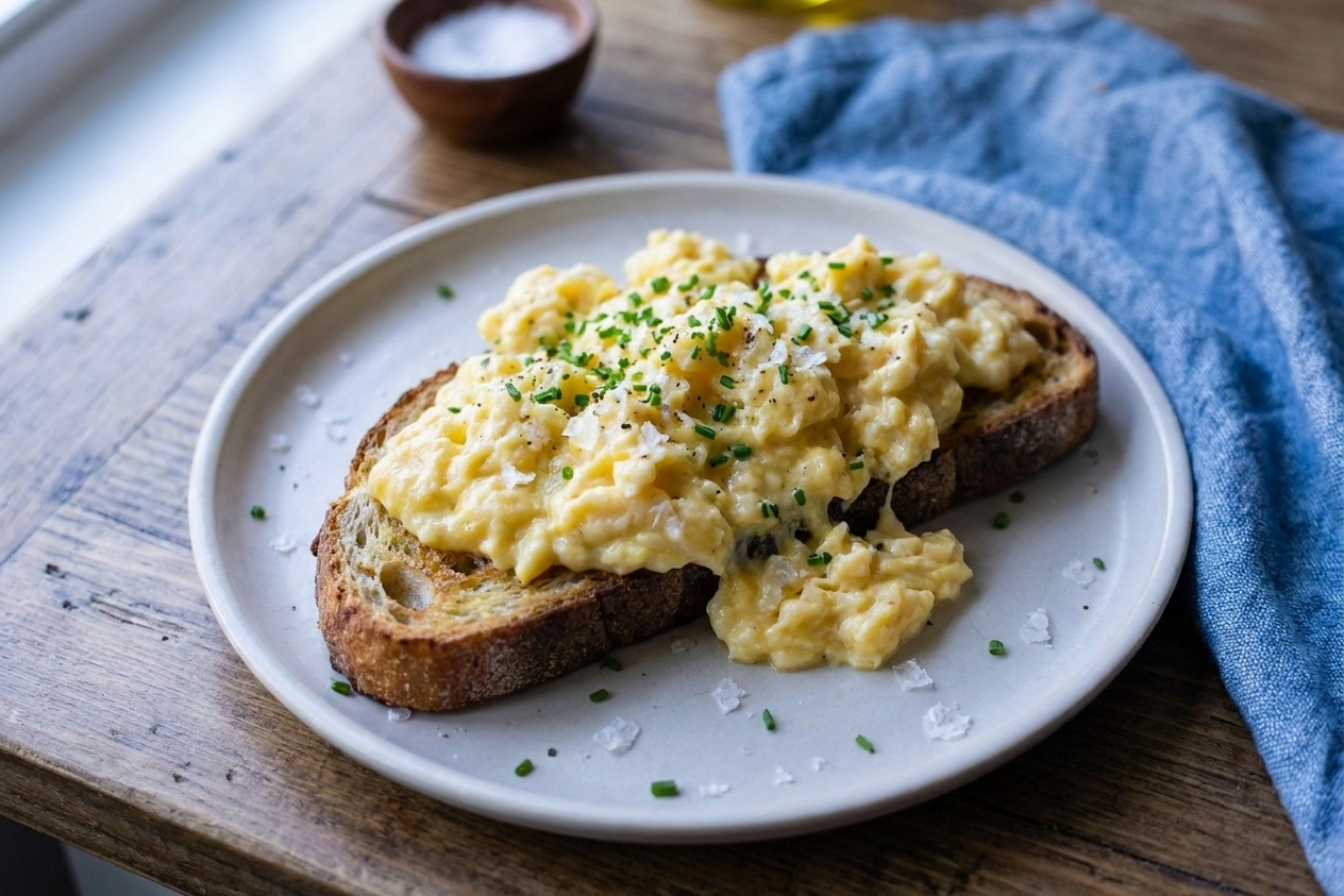 A plated serving of posh eggs on buttered toast topped with chopped chives and flaky salt on a simple table setting