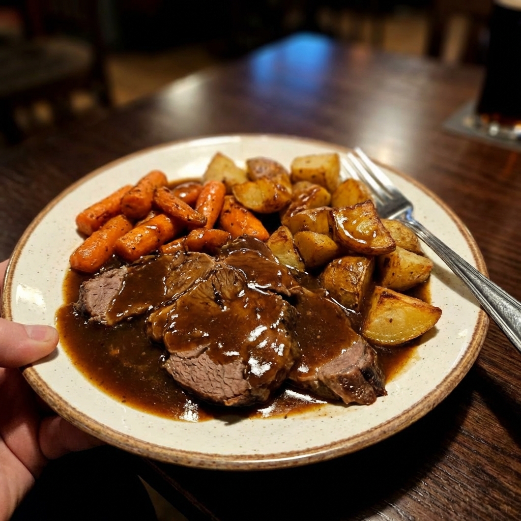 A plated serving of pot roast with carrots and potatoes covered in glossy gravy