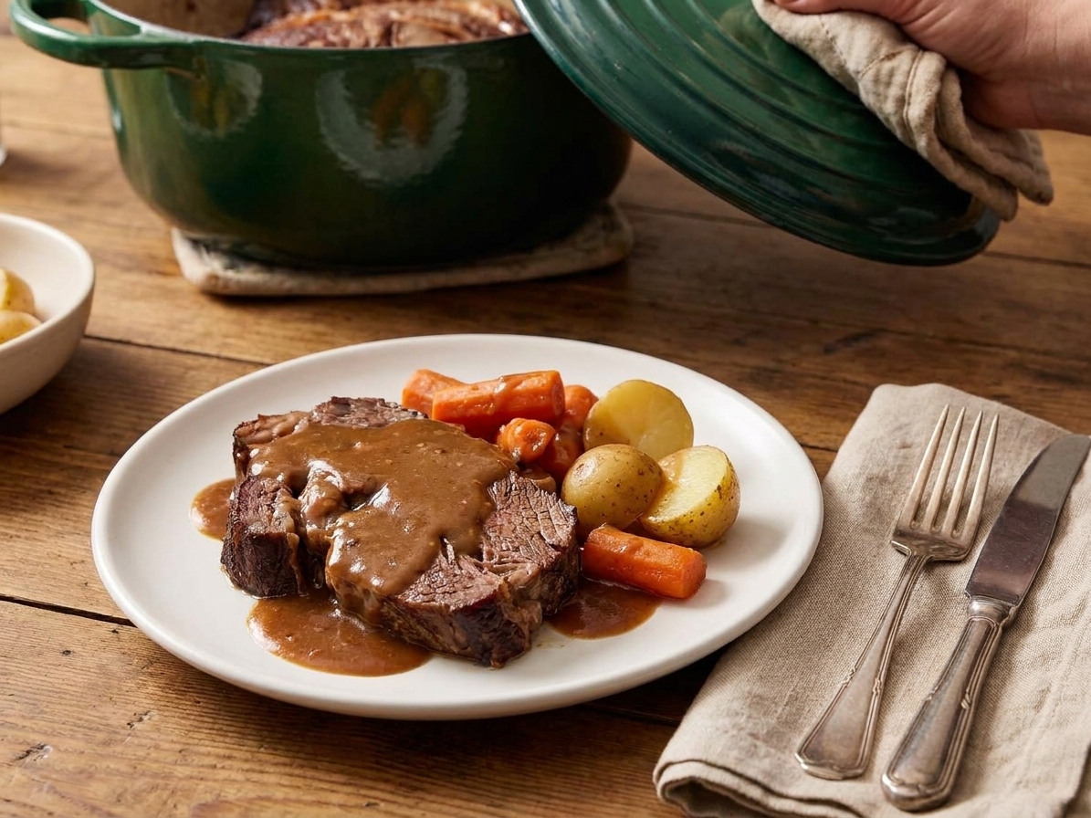 A plated serving of pot roast with carrots and potatoes covered in brown gravy on a dinner table with simple linens