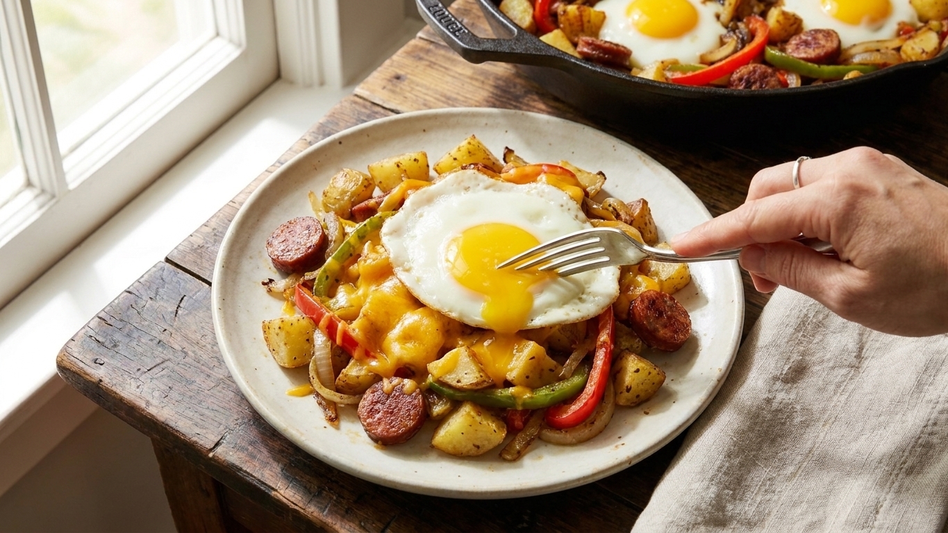 A plated serving of potato sausage breakfast skillet with melted cheddar and a runny egg yolk, on a ceramic plate with a fork