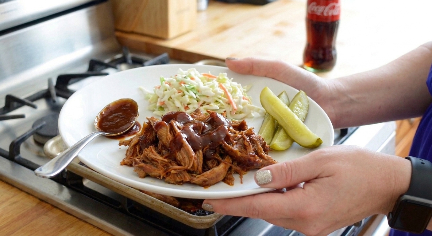 A plated serving of pulled pork with a spoonful of extra barbecue sauce, coleslaw, and pickles on a white plate