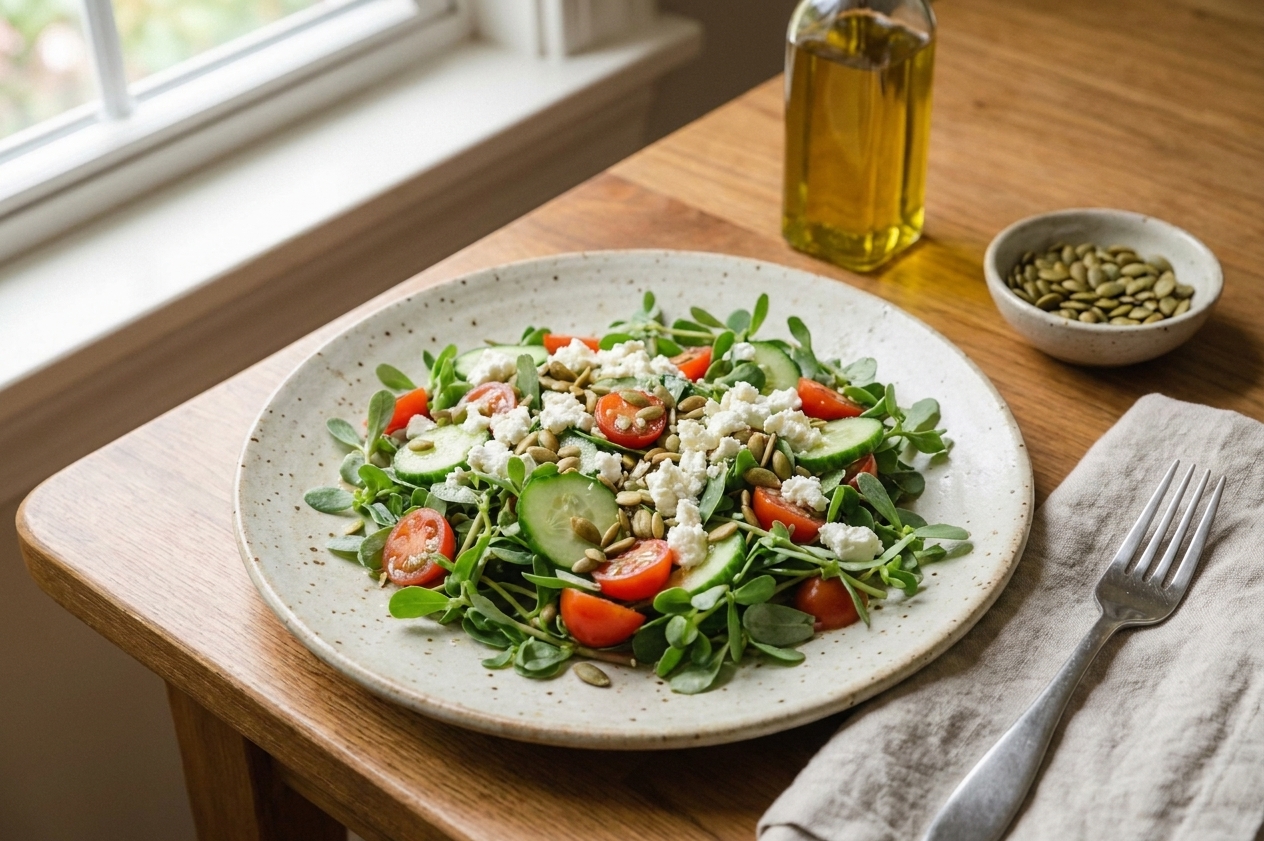 A plated serving of purslane salad with feta and pepitas on a ceramic plate at a simple dining table setting with natural window light