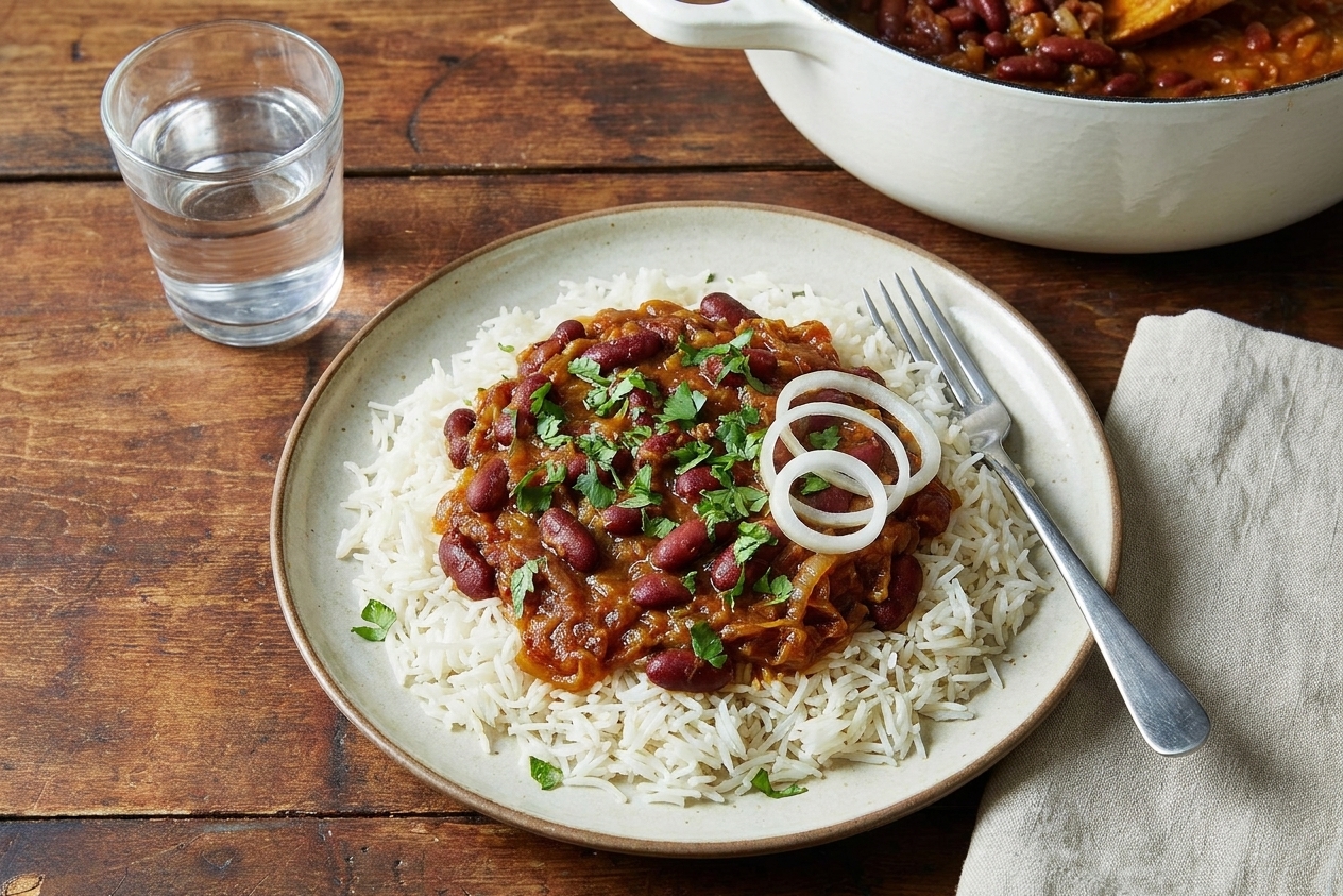 A plated serving of rajma over basmati rice with cilantro garnish and a simple home dinner table setting with a glass of water