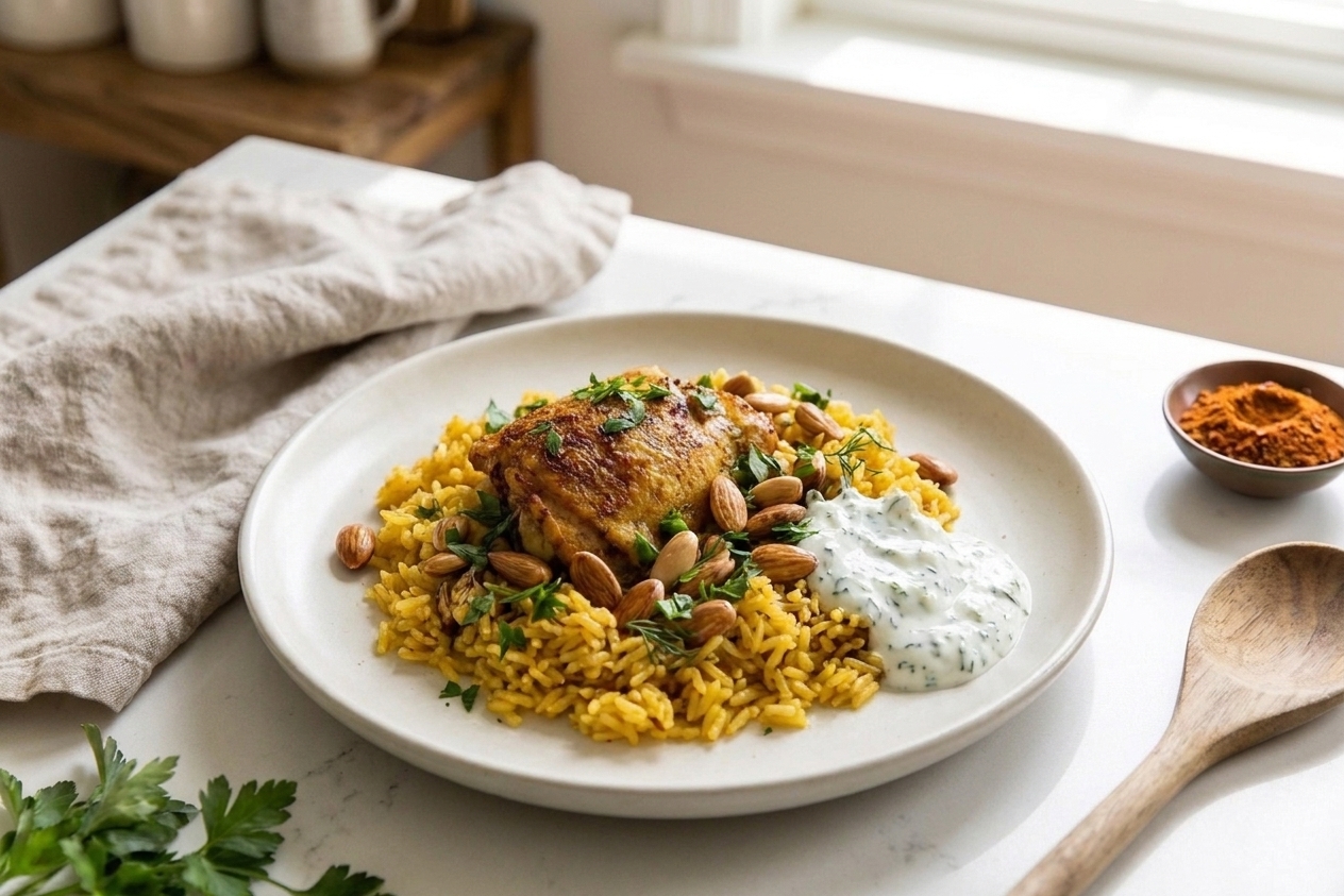 A plated serving of ras el hanout chicken over fluffy rice with chopped herbs, toasted almonds, and a spoonful of yogurt sauce on a simple dinner plate