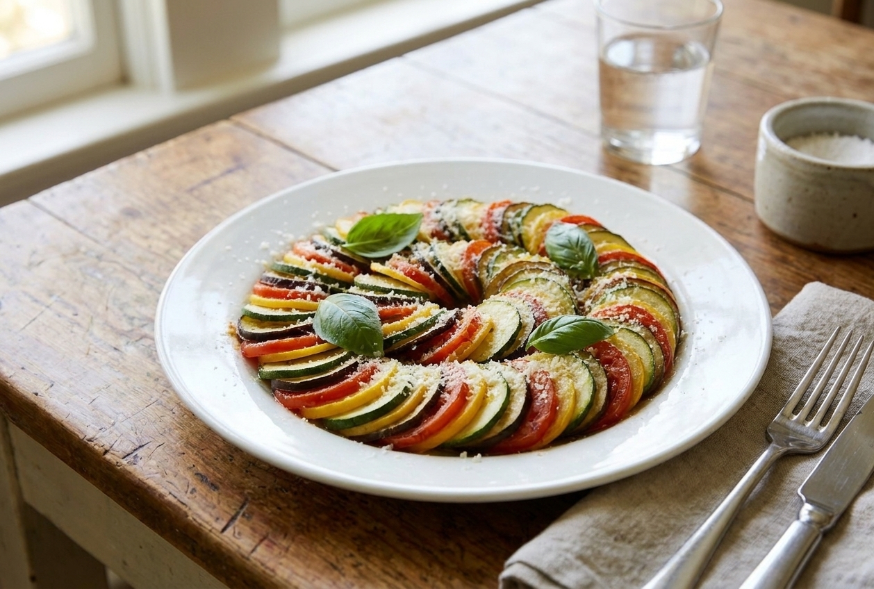 A plated serving of ratatouille topped with fresh basil and grated Parmesan on a white plate at a simple dinner table