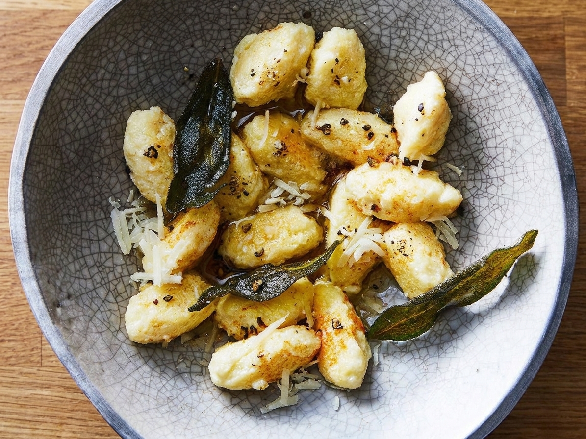 A plated serving of ricotta gnocchi with brown butter sage, finished with grated Parmesan and cracked black pepper on a neutral stoneware plate