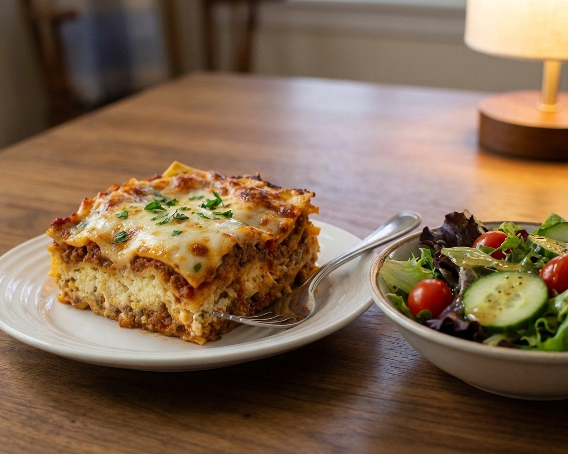 A plated serving of ricotta lasagna with a side salad on a dining table under warm lighting