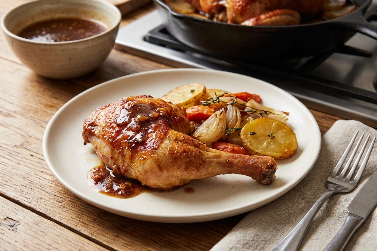 A plated serving of roast chicken with crisp skin, spooned with pan sauce, alongside roasted vegetables on a simple dinner plate at a warmly lit table
