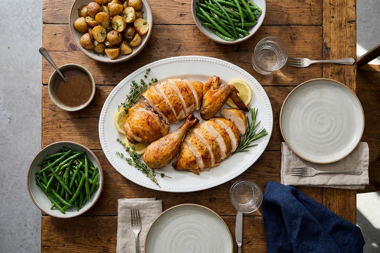 A plated serving of roast chicken with lemon and herbs alongside simple sides on a dinner table
