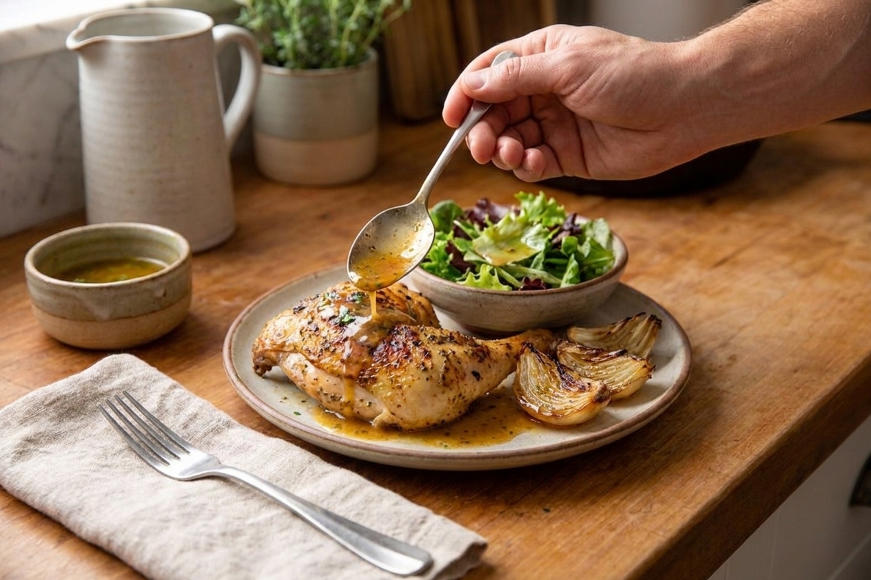 A plated serving of roast chicken with spooned lemon-garlic pan sauce, roasted onions, and a simple green salad on a set dining table with warm lighting