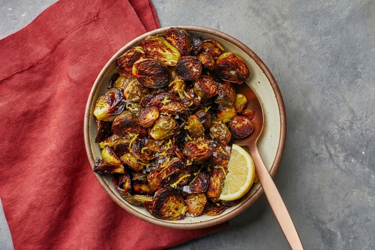 A plated serving of roasted Brussels sprouts in a shallow bowl with visible lemon zest and a lemon wedge on the side, set on a simple table setting