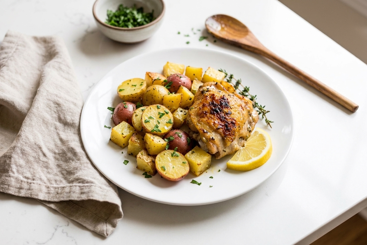 A plated serving of roasted chicken thigh and golden potatoes on a dinner plate with chopped parsley and a lemon wedge on a simple table setting