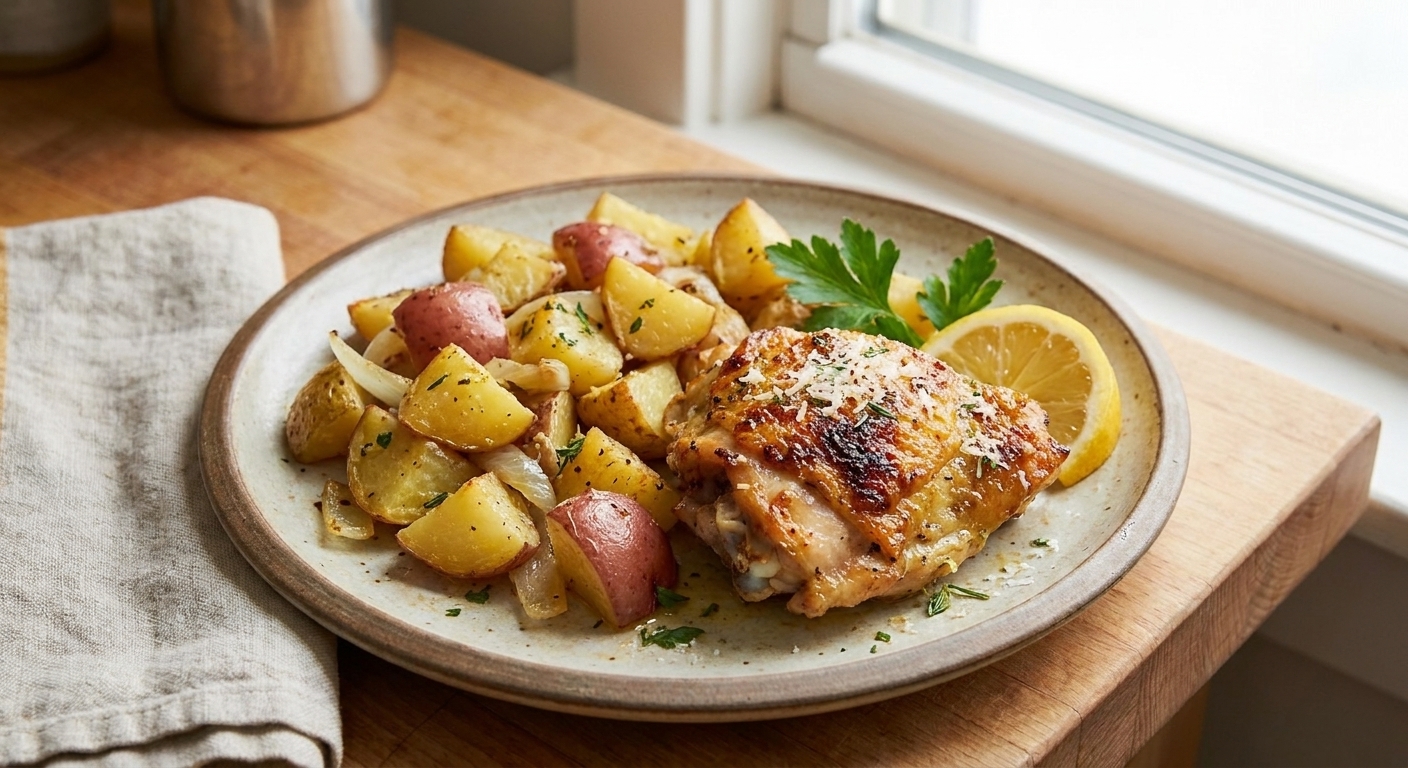 A plated serving of roasted chicken thigh with crispy skin alongside golden potatoes, lemon wedge, and parsley on a simple dinner table setting