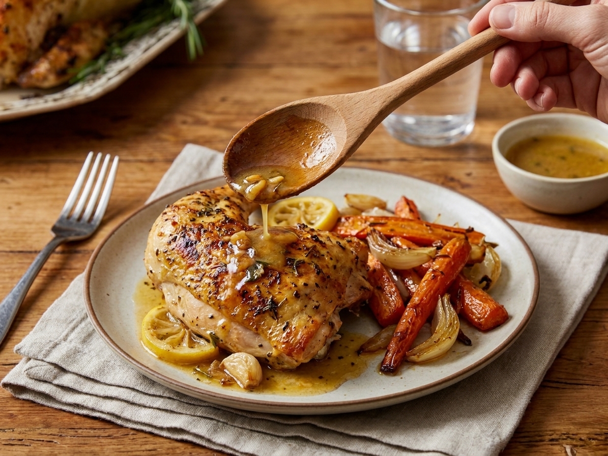 A plated serving of roasted chicken with crisp skin, roasted carrots and onions, and a spooned-over lemon-garlic pan sauce on a simple dinner table setting